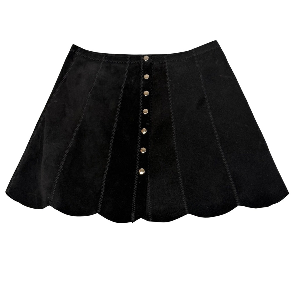 Reformation Black Suede Scalloped Button Front Mini Skirt Size 2 Surplus Leather